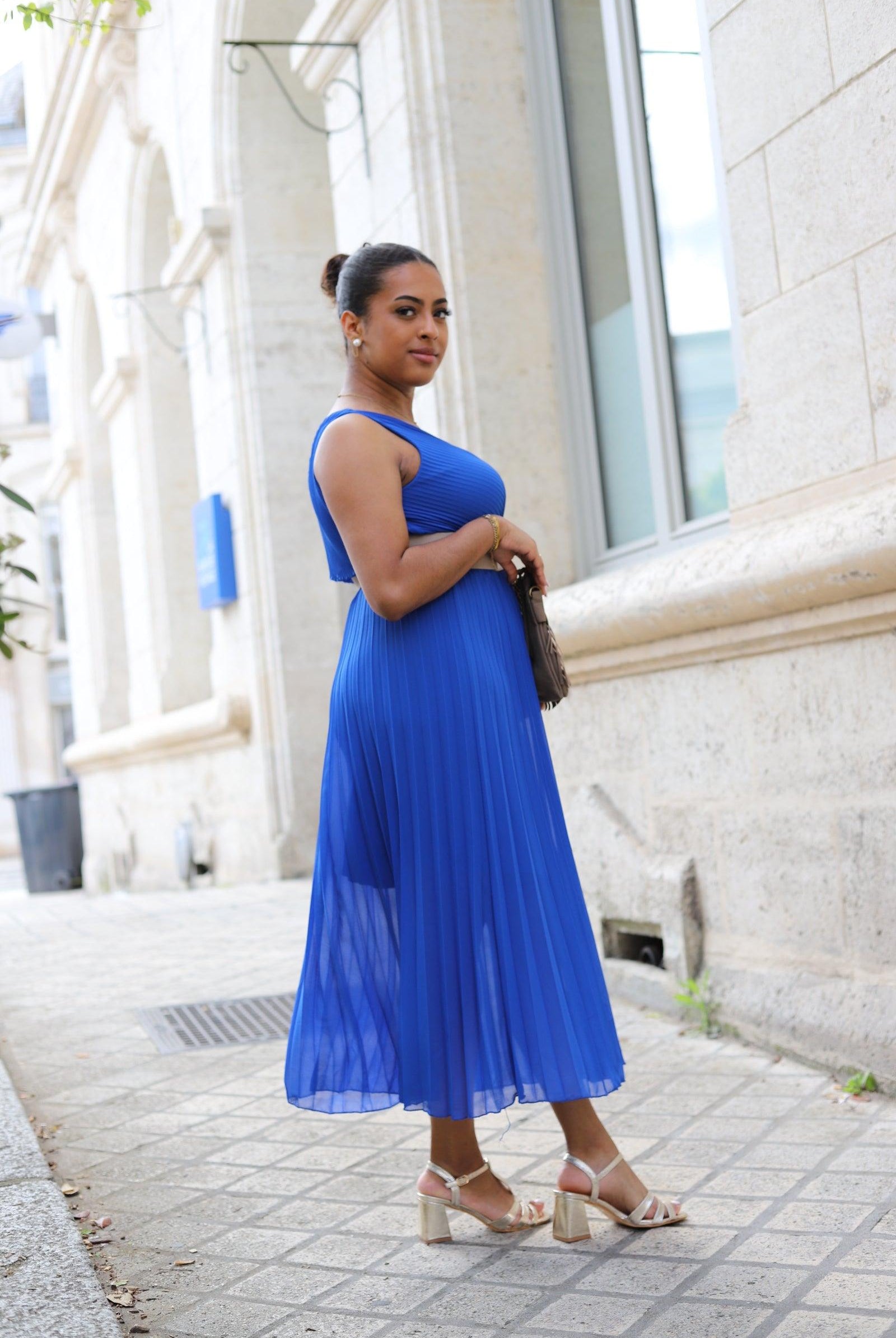 Robe Plissée Bleu Royal Sans Manches - Fabriquée en Italie - beautifulshop