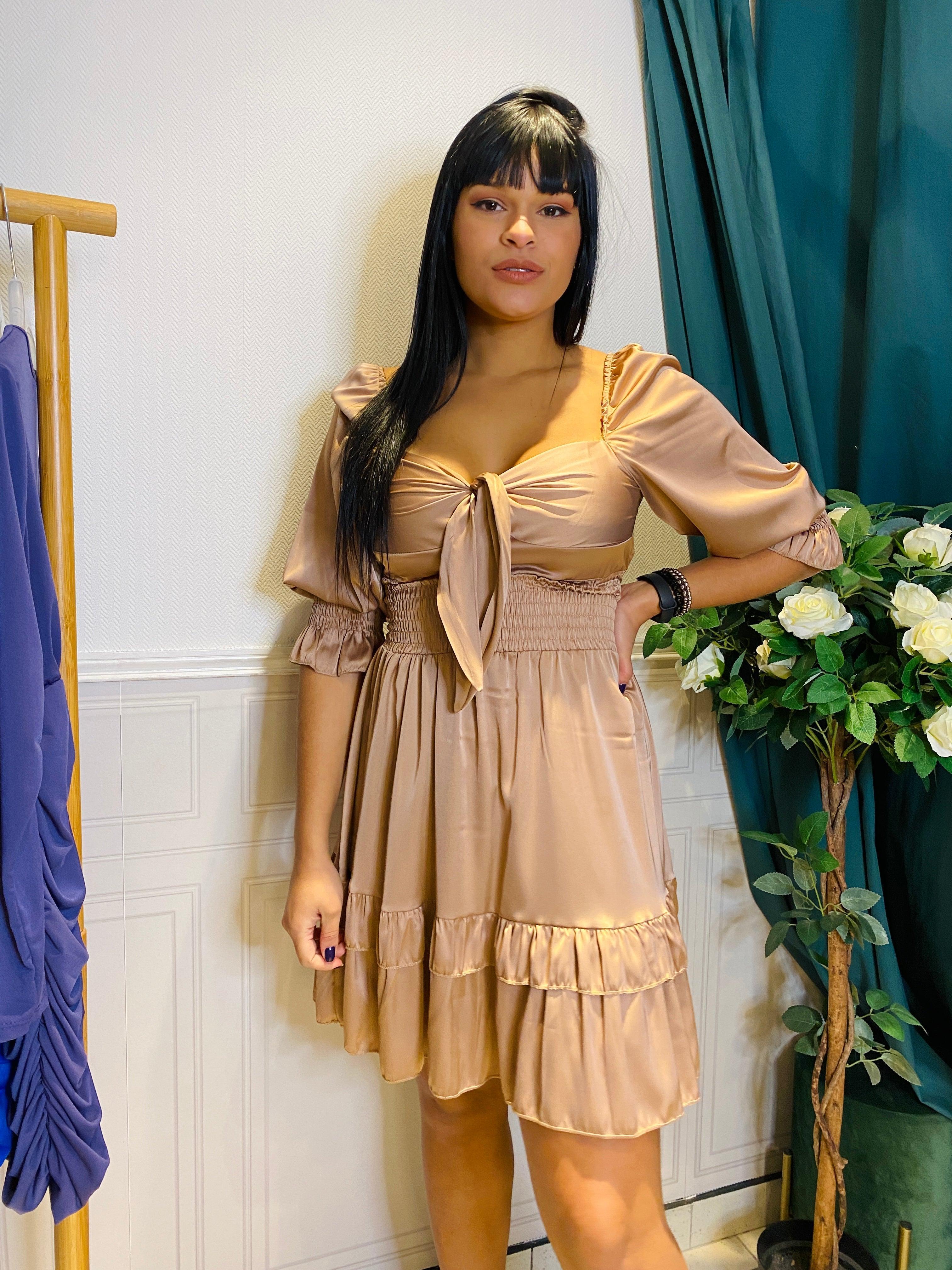 Robe Satin À Volants Avec Noeud - beautifulshop