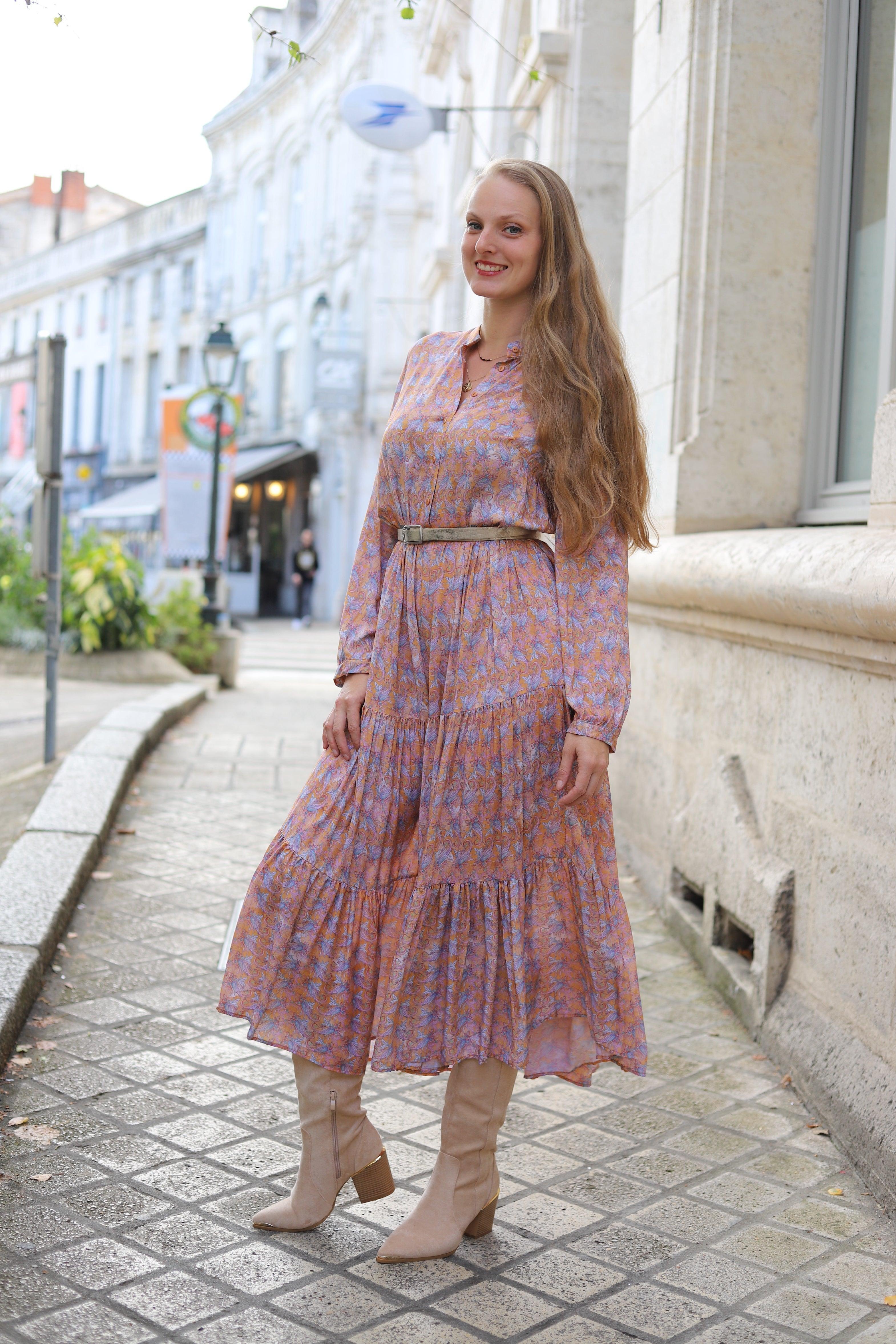 Robe Vaporeuse Volantée à Imprimé, Manches Bouffantes - beautifulshop