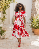     robe chemise mi-longue blanche à fleurs rouges avec ceinture amovible