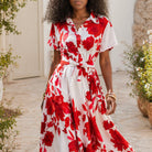     robe chemise mi-longue blanche à fleurs rouges avec ceinture amovible
