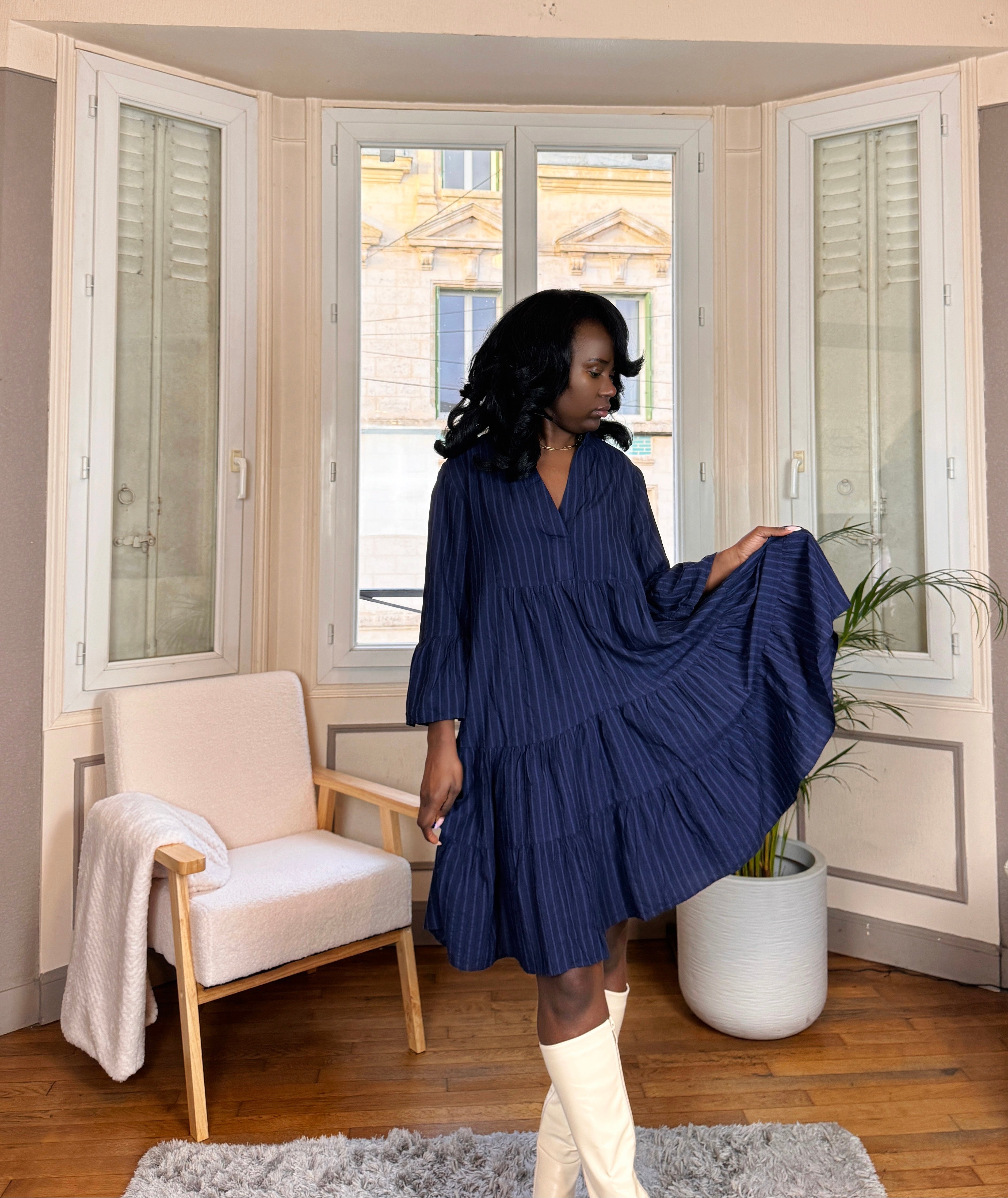 robe courte bohème, robe évasée bleu marine, robe tunique automne hiver, robe à rayures femme, robe fluide mi-longue