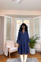 robe courte bohème, robe évasée bleu marine, robe tunique automne hiver, robe à rayures femme, robe fluide mi-longue