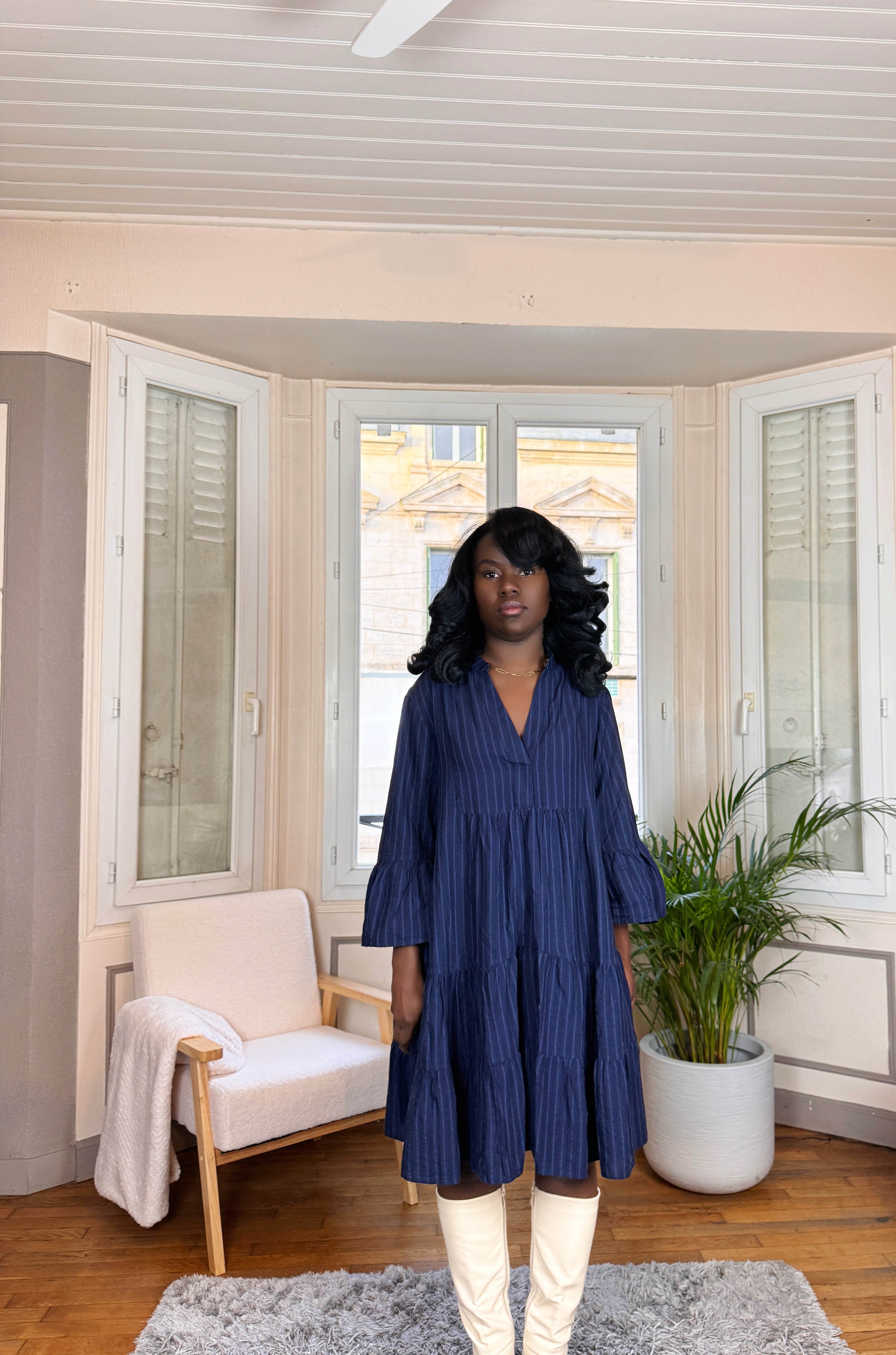 robe courte bohème, robe évasée bleu marine, robe tunique automne hiver, robe à rayures femme, robe fluide mi-longue