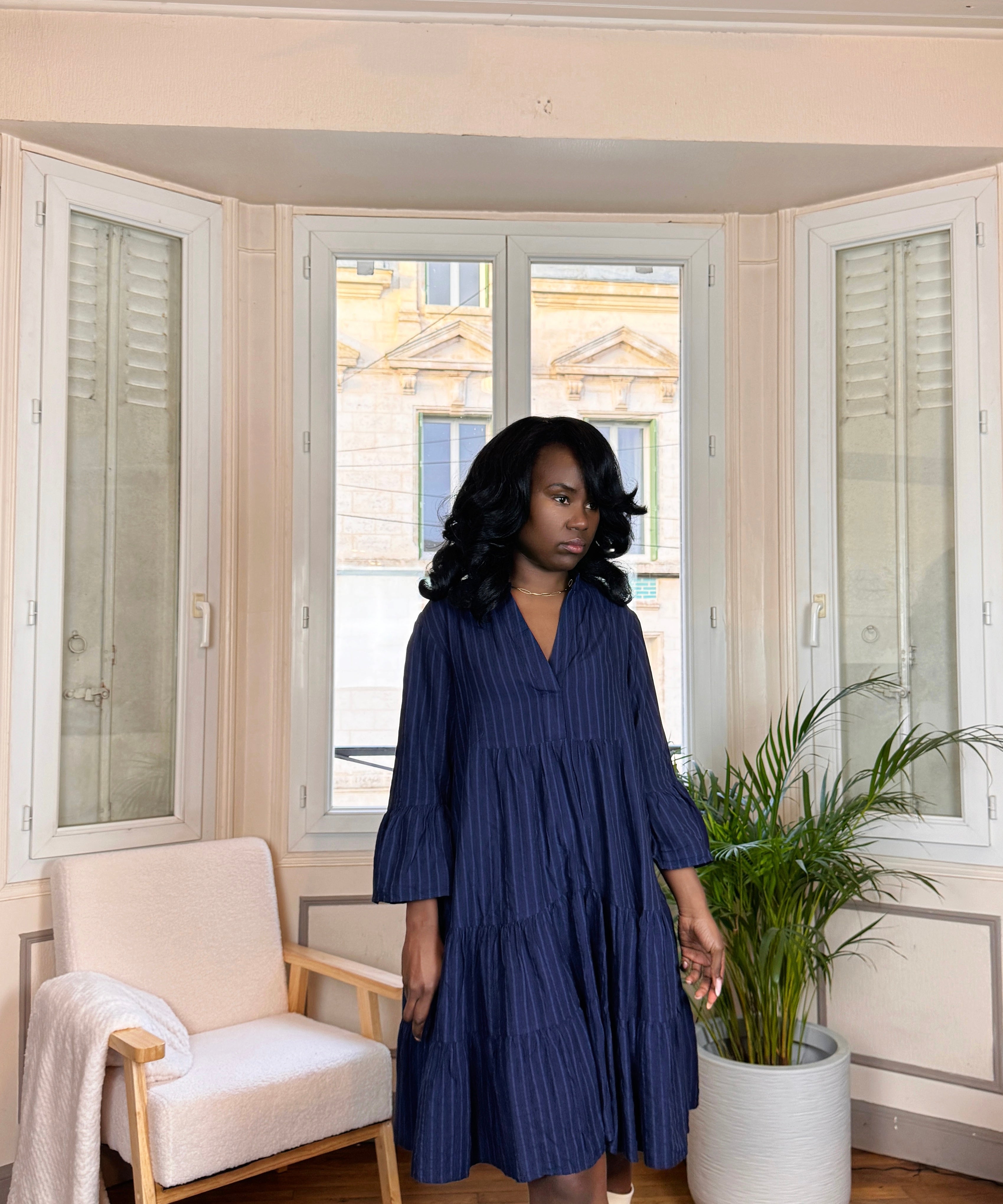 robe courte bohème, robe évasée bleu marine, robe tunique automne hiver, robe à rayures femme, robe fluide mi-longue