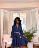 robe courte bohème, robe évasée bleu marine, robe tunique automne hiver, robe à rayures femme, robe fluide mi-longue