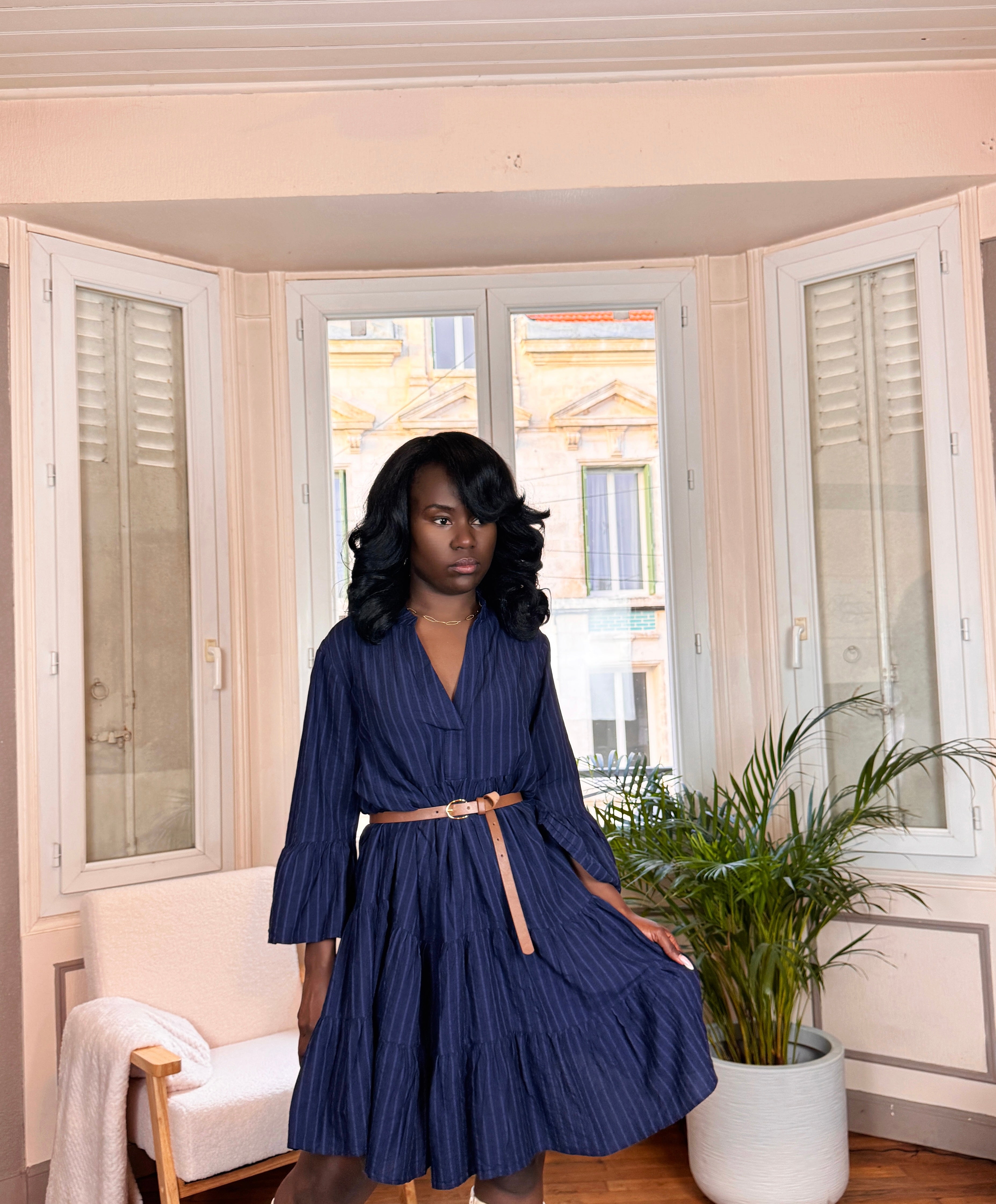 robe courte bohème, robe évasée bleu marine, robe tunique automne hiver, robe à rayures femme, robe fluide mi-longue