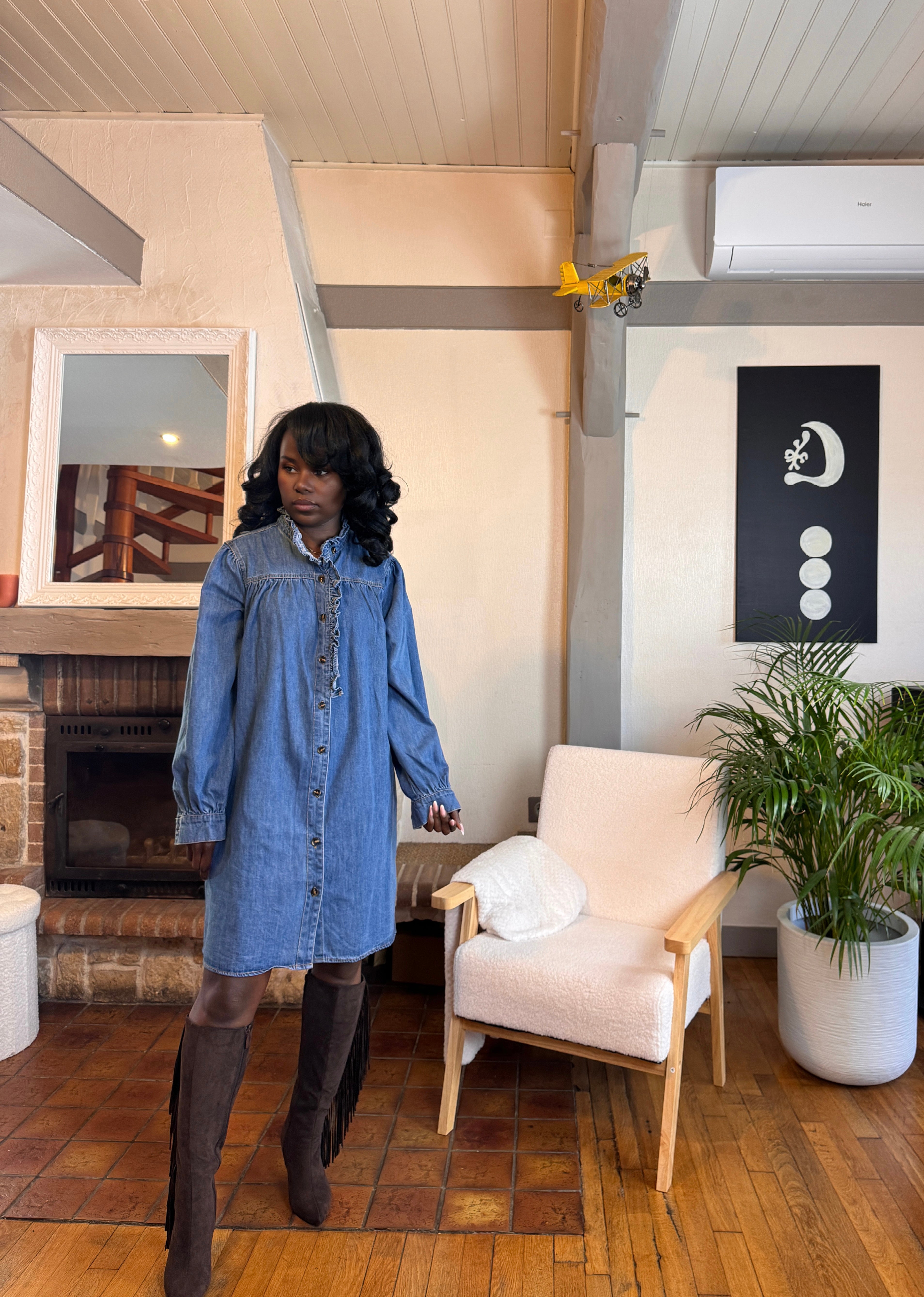 robe en jean courte, robe chemise femme jean, robe denim automne hiver, robe col montant, robe en jean 100% coton-beautifulshop