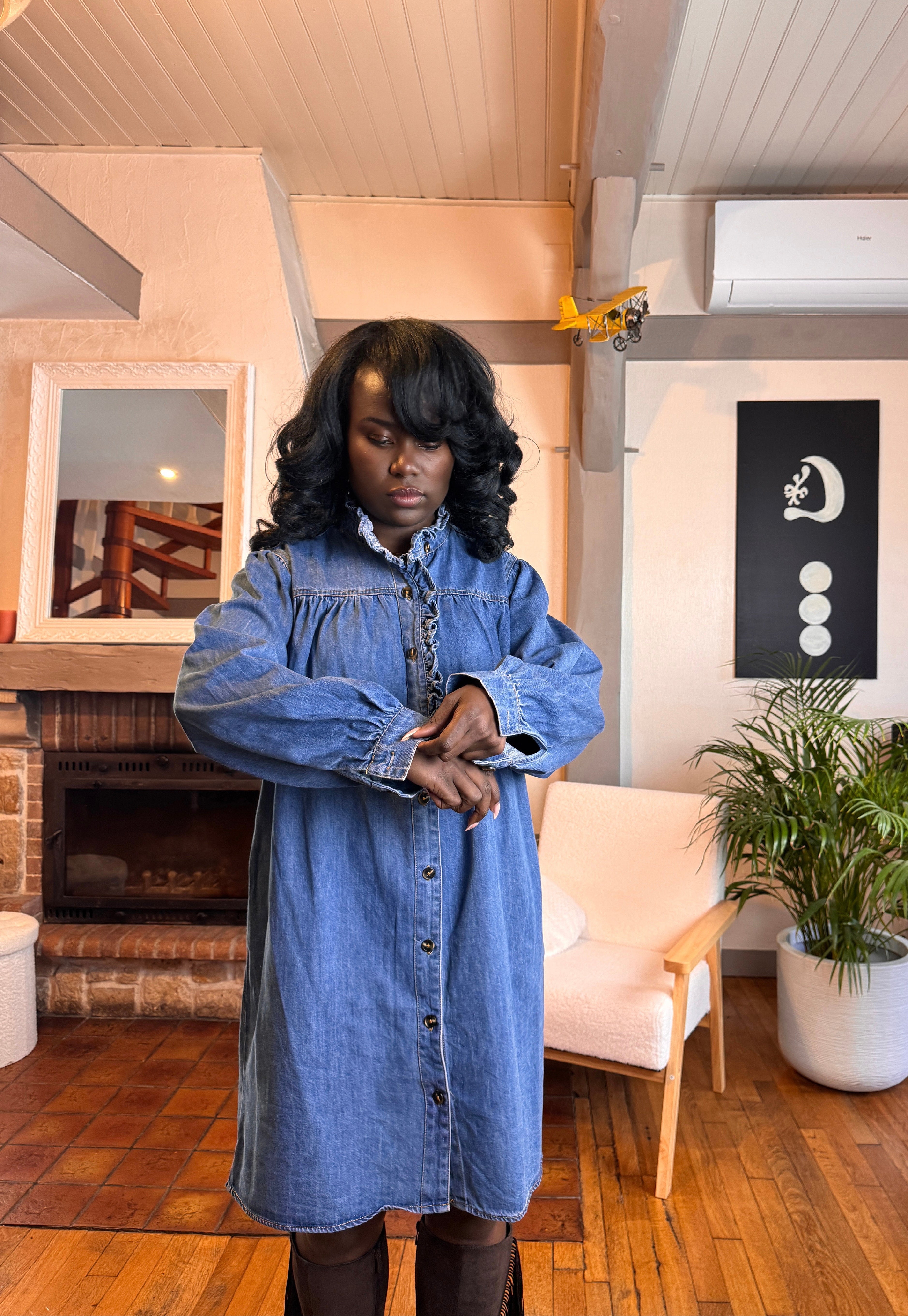 robe en jean courte, robe chemise femme jean, robe denim automne hiver, robe col montant, robe en jean 100% coton-beautifulshop