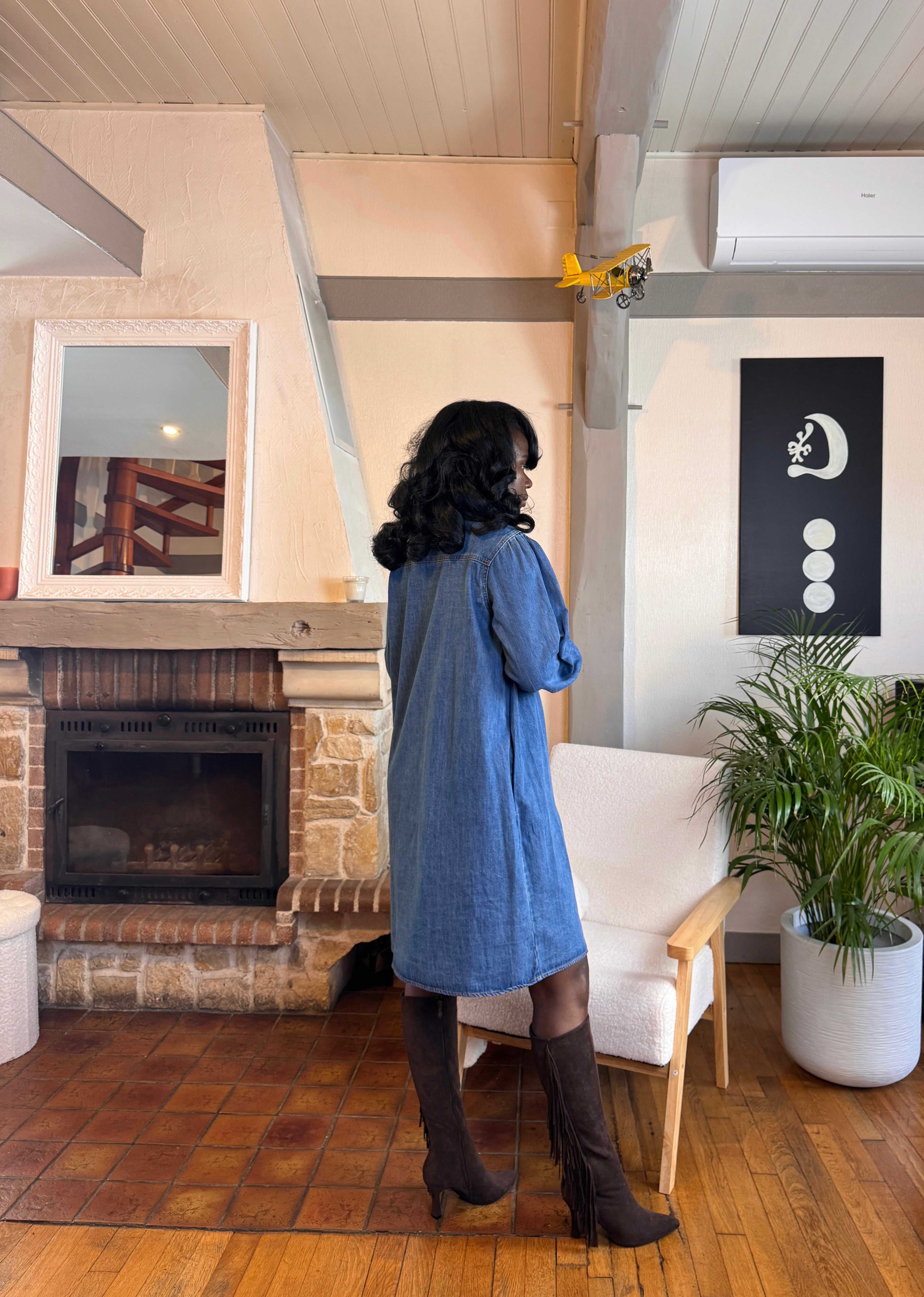 robe en jean courte, robe chemise femme jean, robe denim automne hiver, robe col montant, robe en jean 100% coton-beautifulshop