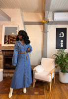 robe longue en jean femme, robe jean ceinturée, robe chemise en jean, robe denim hiver, robe western femme, robe en jean 100% coton