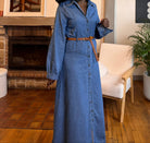 robe longue en jean femme, robe jean ceinturée, robe chemise en jean, robe denim hiver, robe western femme, robe en jean 100% coton