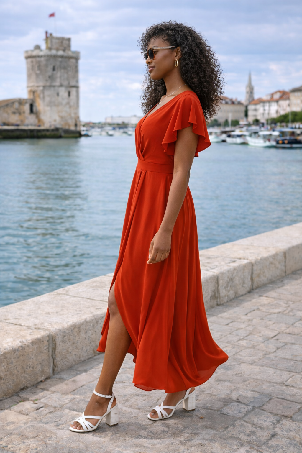 robe longue terracotta femme cache-cœur fendue manches volantées