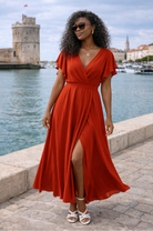     robe longue terracotta femme cache-cœur fendue manches volantées