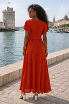     robe longue terracotta femme cache-cœur fendue manches volantées