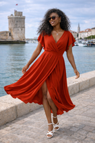     robe longue terracotta femme cache-cœur fendue manches volantées