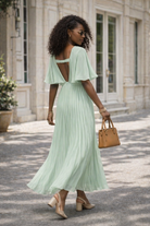     robe longue vert d’eau plissée cache-cœur femme