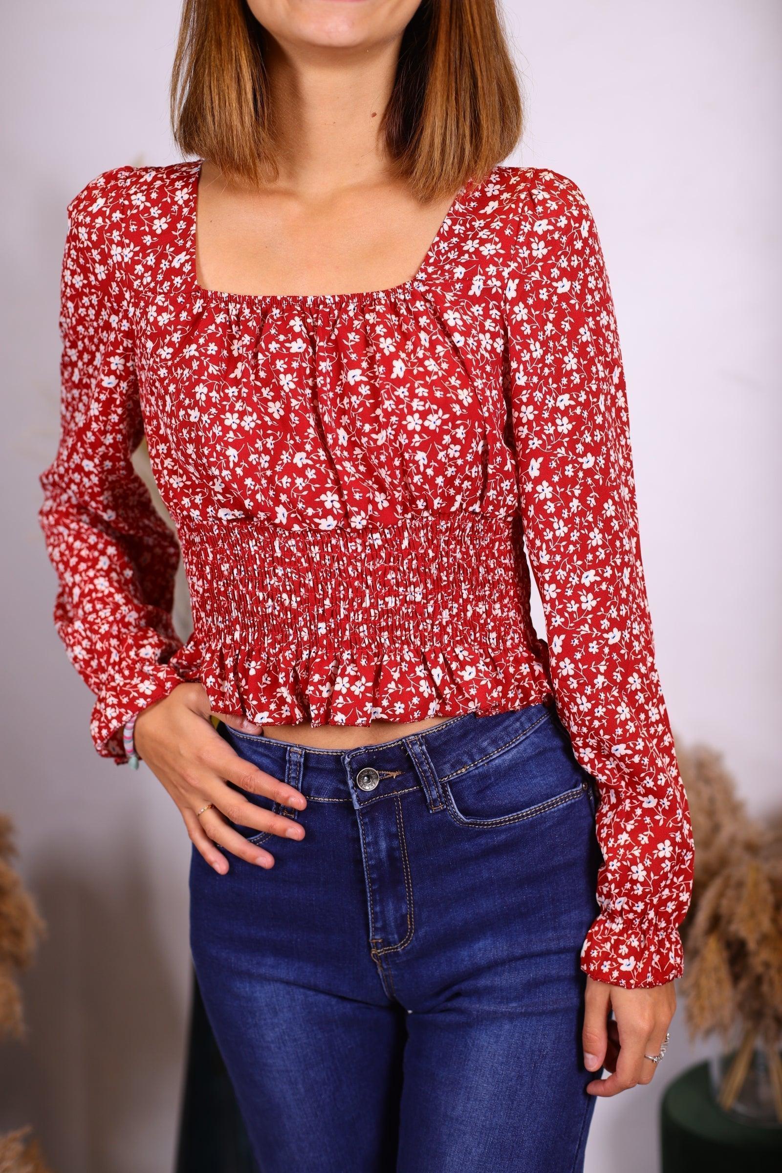 Top rouge col carré - beautifulshop