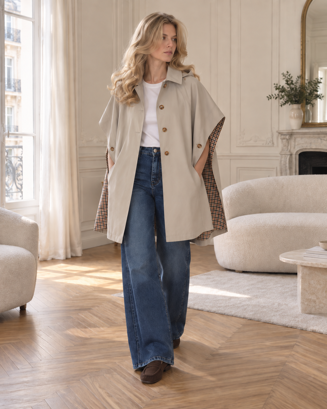 Trench-cape élise à doublure imprimée – beige – Beautiful Shop