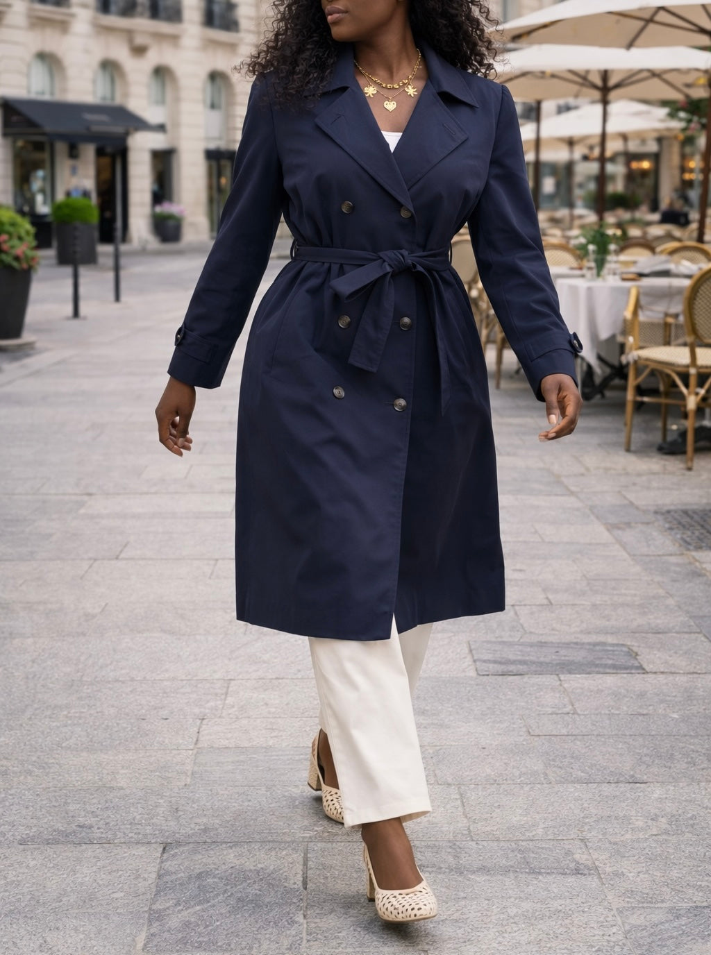 Trench long bleu marine ceinturé – Beautiful Shop