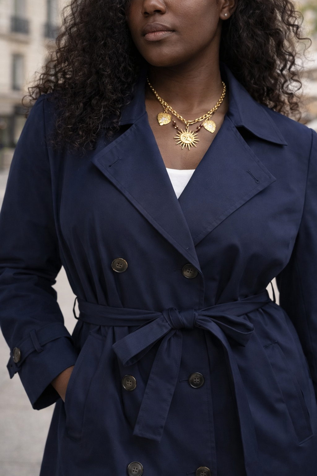Trench long bleu marine ceinturé – Beautiful Shop