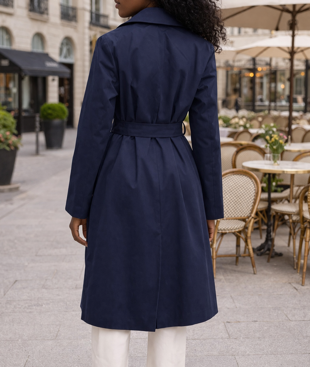 Trench long bleu marine ceinturé – Beautiful Shop