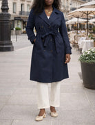 Trench long bleu marine ceinturé – Beautiful Shop