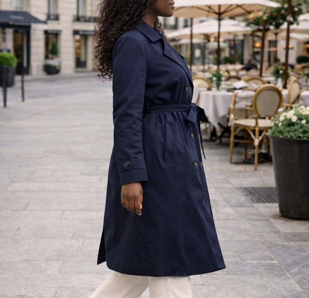 Trench long bleu marine ceinturé – Beautiful Shop