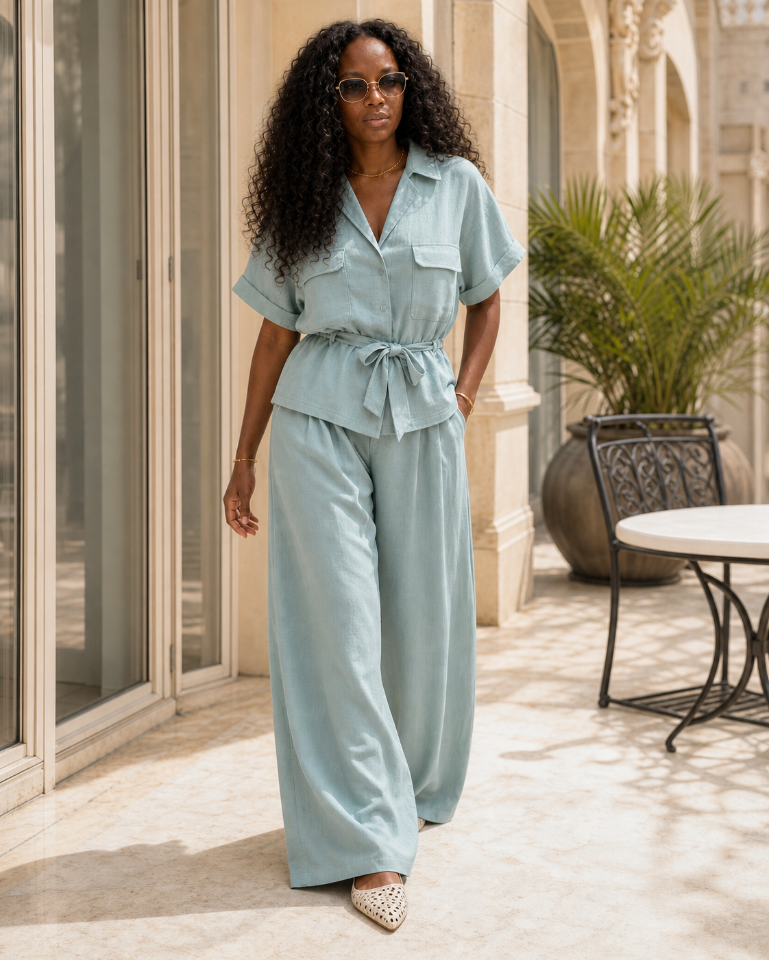     : trouver un top femme fluide, léger et chic, à manches courtes, avec col chemise, taille ajustable et possibilité de porter en ensemble.