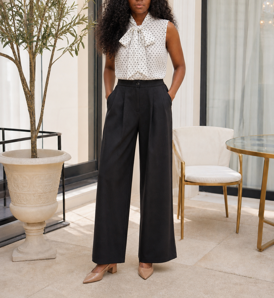     trouver une blouse à pois femme élégante, fluide et légère, avec col lavallière, facile à porter en été ou avec une tenue chic.