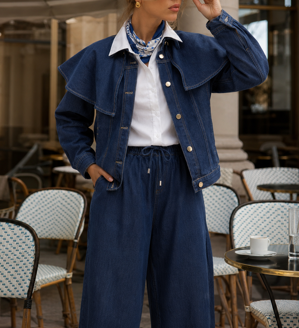 Veste en jean Alma à détail amovible – bleu foncé – Beautiful Shop