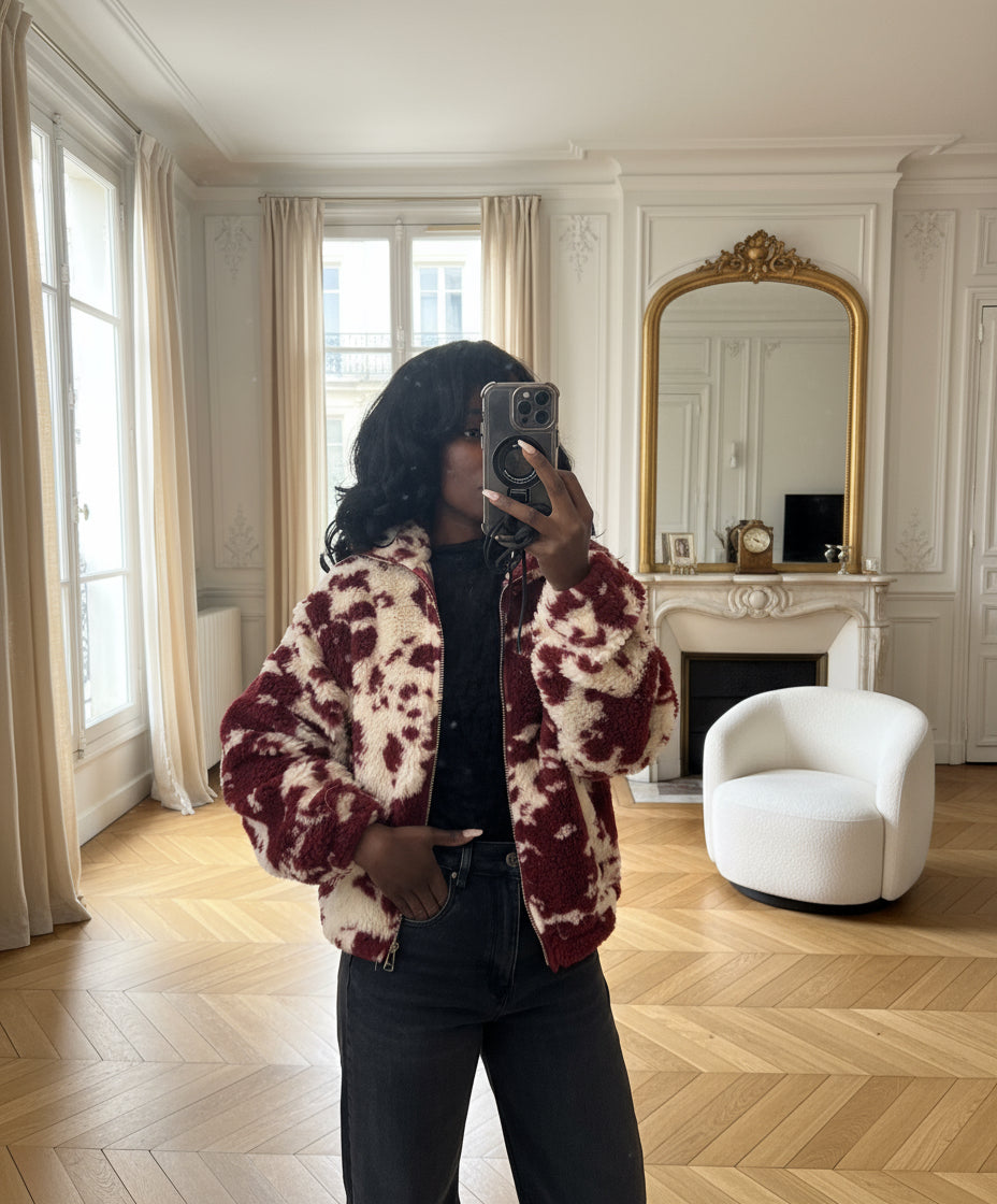 Veste polaire zippée à imprimé vache rouge et blanc – Beautiful Shop