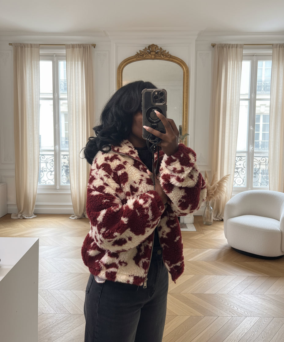 Veste polaire zippée à imprimé vache rouge et blanc – Beautiful Shop
