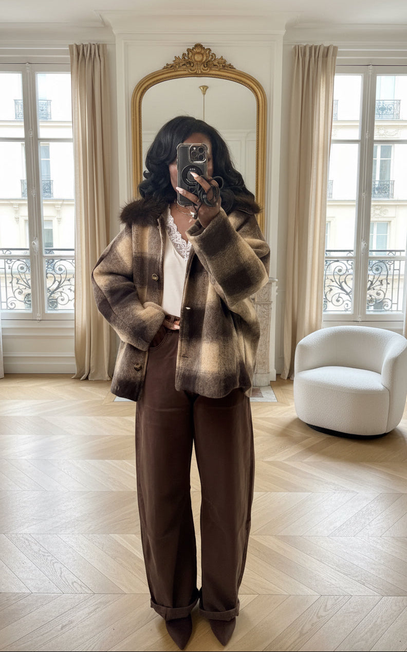 veste carreaux laine femme, veste fausse fourrure hiver, veste chic automne femme, manteau laine à carreaux, veste oversize italienne, veste femme col fourrure synthétique