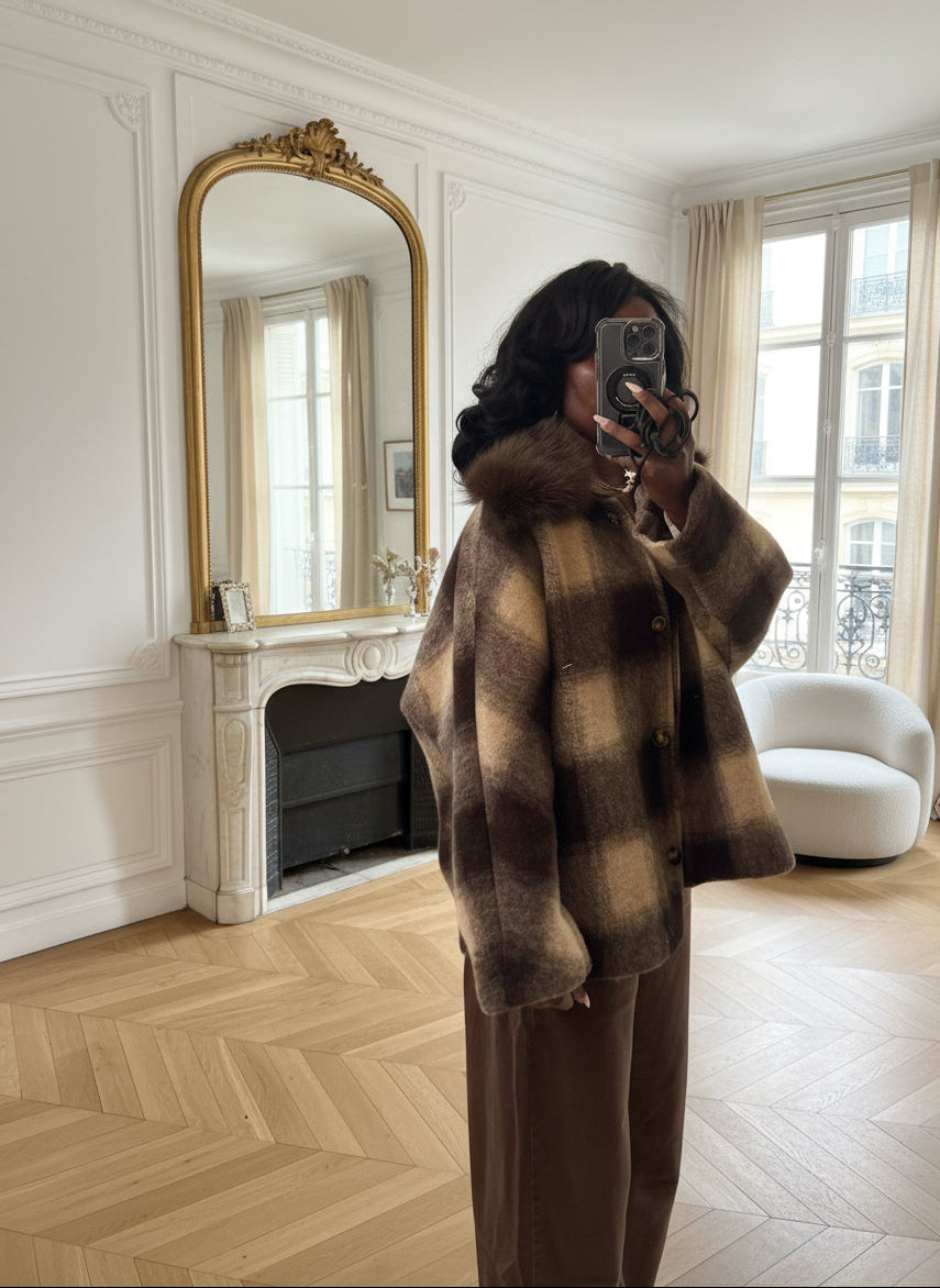 veste carreaux laine femme, veste fausse fourrure hiver, veste chic automne femme, manteau laine à carreaux, veste oversize italienne, veste femme col fourrure synthétique