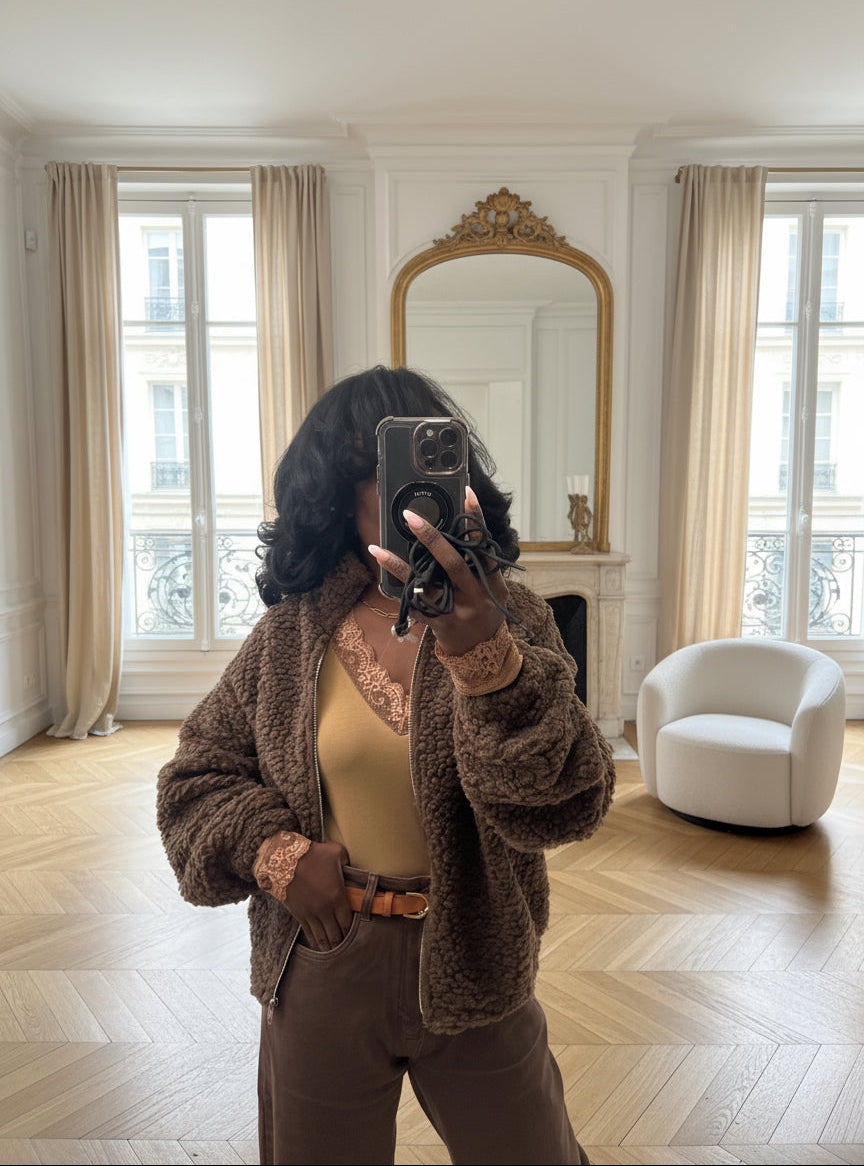 veste fausse fourrure femme chocolat, veste teddy zippée hiver, veste chaude casual automne hiver, manteau fausse fourrure marron, veste cosy à zip