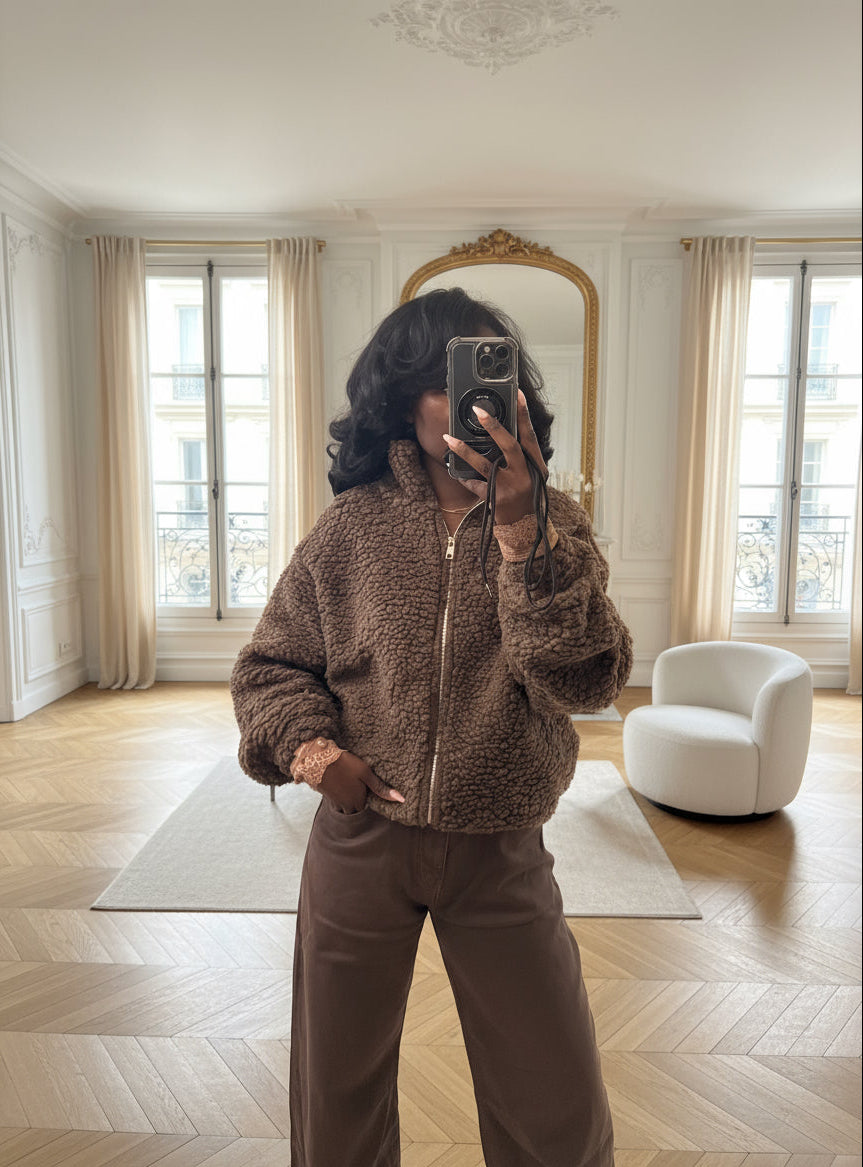 veste fausse fourrure femme chocolat, veste teddy zippée hiver, veste chaude casual automne hiver, manteau fausse fourrure marron, veste cosy à zip