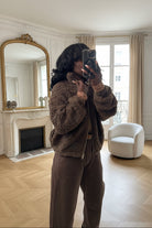 veste fausse fourrure femme chocolat, veste teddy zippée hiver, veste chaude casual automne hiver, manteau fausse fourrure marron, veste cosy à zip