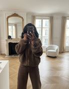 veste fausse fourrure femme chocolat, veste teddy zippée hiver, veste chaude casual automne hiver, manteau fausse fourrure marron, veste cosy à zip