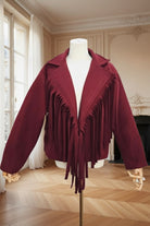 veste à franges femme, veste western bordeaux, veste oversize bohème, veste rouge franges tendance, veste style cowgirl, veste automne femme