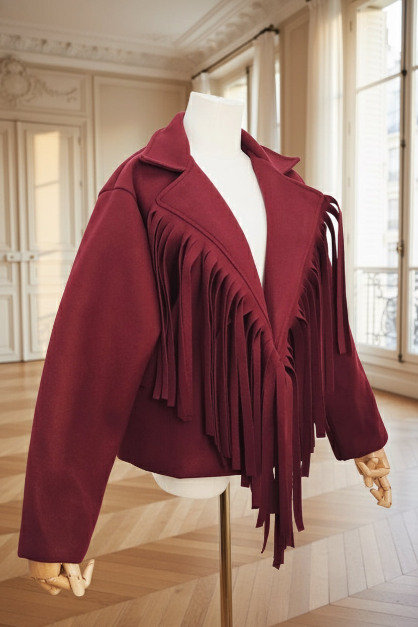veste à franges femme, veste western bordeaux, veste oversize bohème, veste rouge franges tendance, veste style cowgirl, veste automne femme