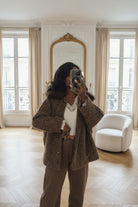 veste marron femme hiver, veste fausse fourrure col, veste chaude automne hiver, manteau court italien, veste effet laine, veste chic femme oversize