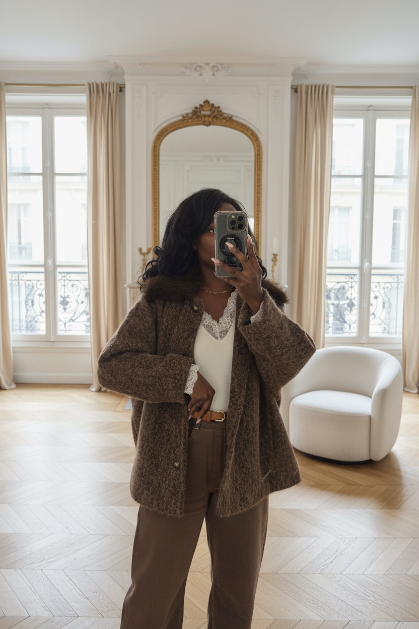 veste marron femme hiver, veste fausse fourrure col, veste chaude automne hiver, manteau court italien, veste effet laine, veste chic femme oversize