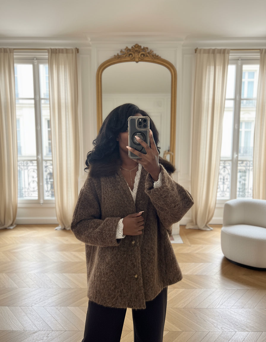 veste marron femme hiver, veste fausse fourrure col, veste chaude automne hiver, manteau court italien, veste effet laine, veste chic femme oversize