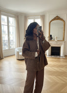 veste marron femme hiver, veste fausse fourrure col, veste chaude automne hiver, manteau court italien, veste effet laine, veste chic femme oversize