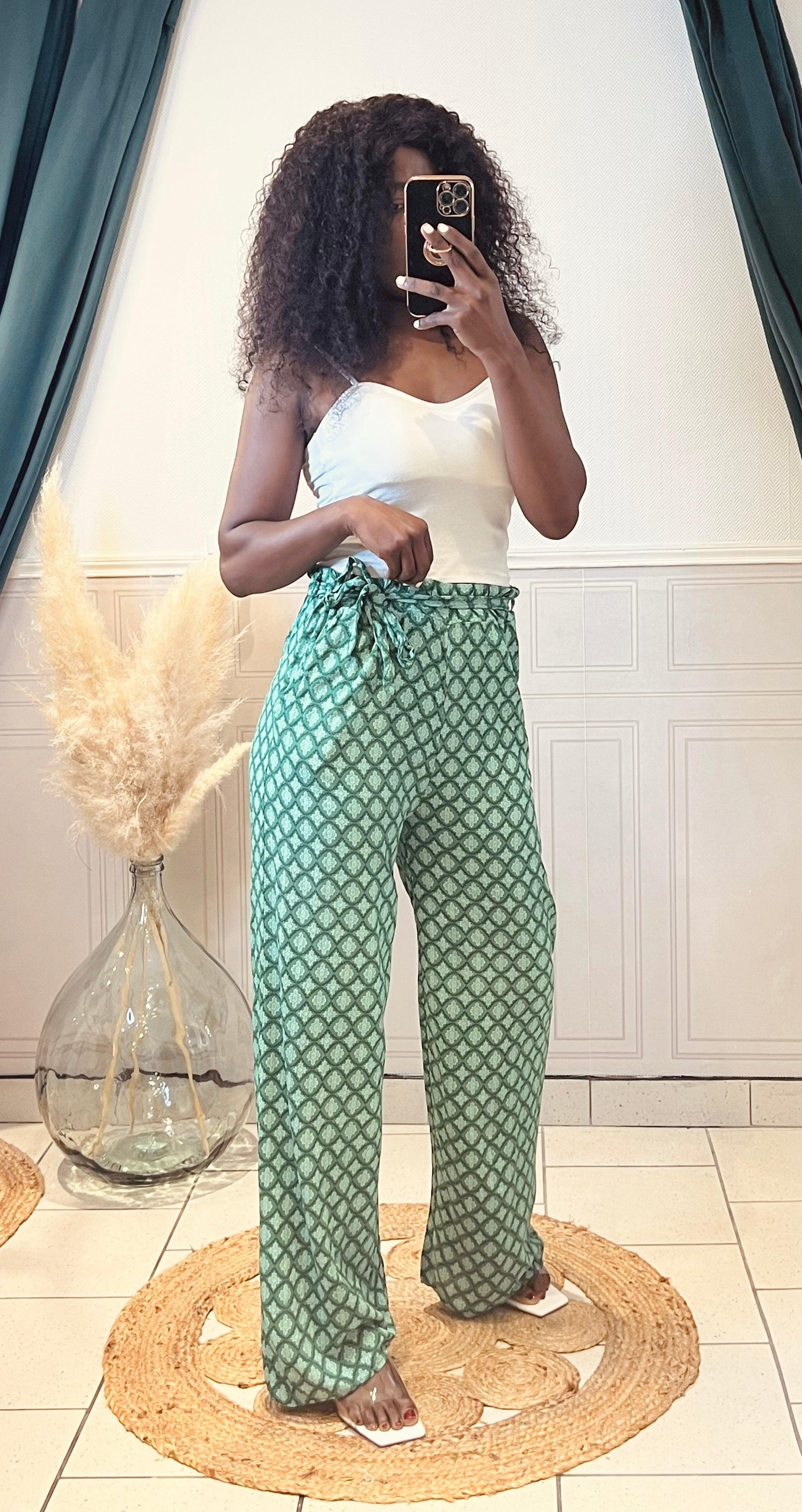 Pantalon fluide vert ceinturé à la taille - beautifulshop