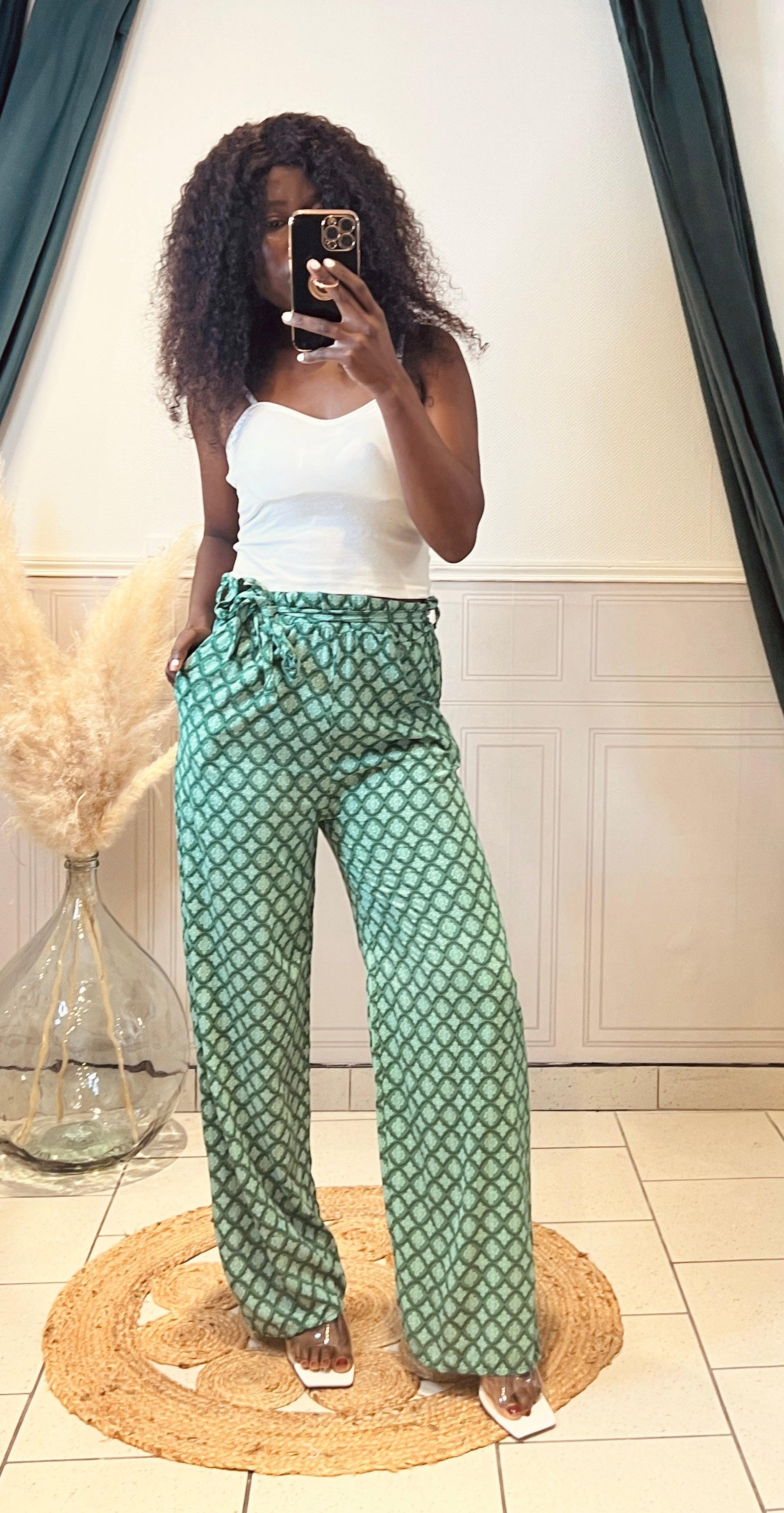 Pantalon fluide vert ceinturé à la taille - beautifulshop