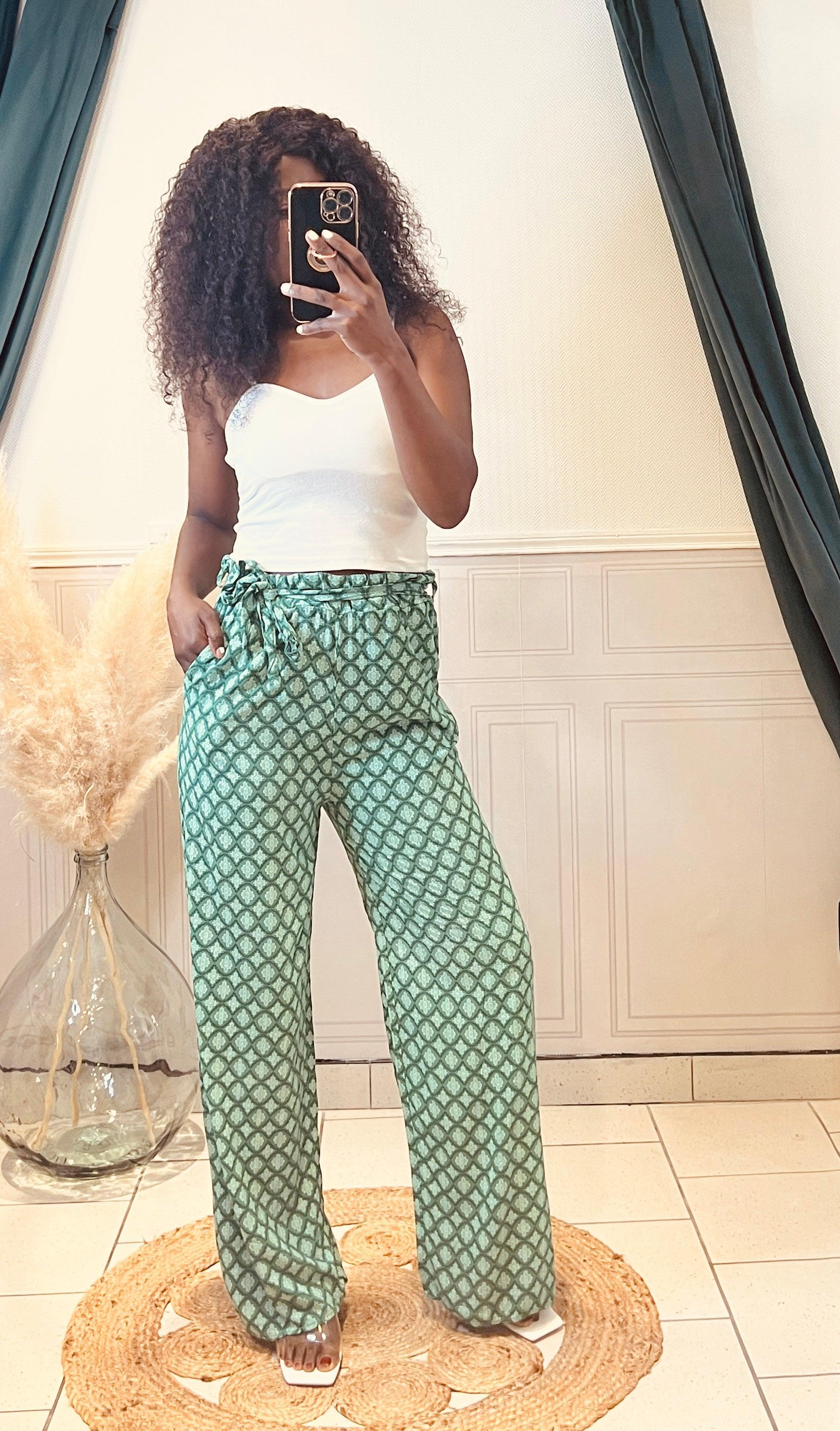 Pantalon fluide vert ceinturé à la taille - beautifulshop