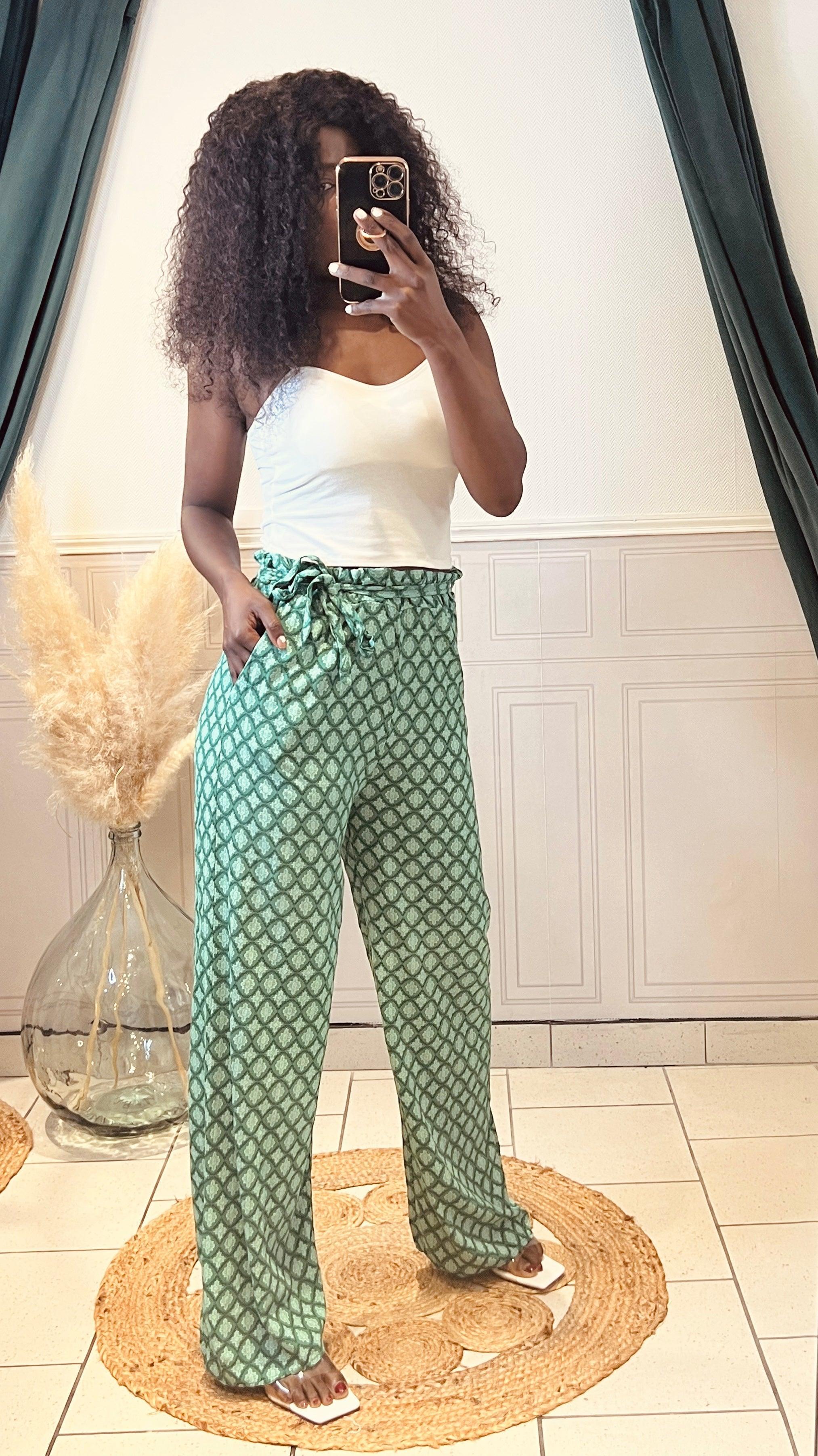 Pantalon fluide vert ceinturé à la taille - beautifulshop