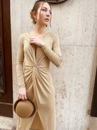 Robe Encolure En V beige - beautifulshop